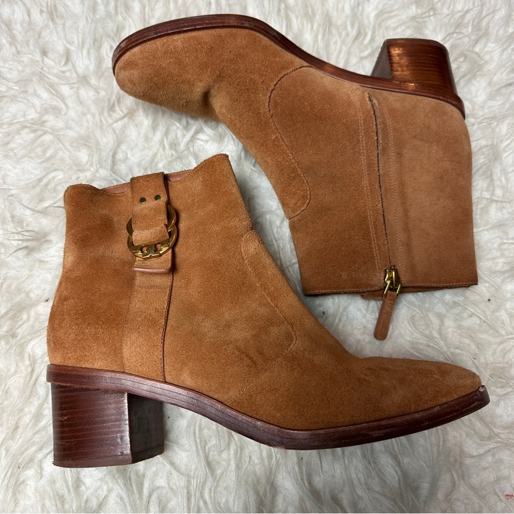 Tory Burch Mardsen suede block heel booties Sz 8 camel/ tan